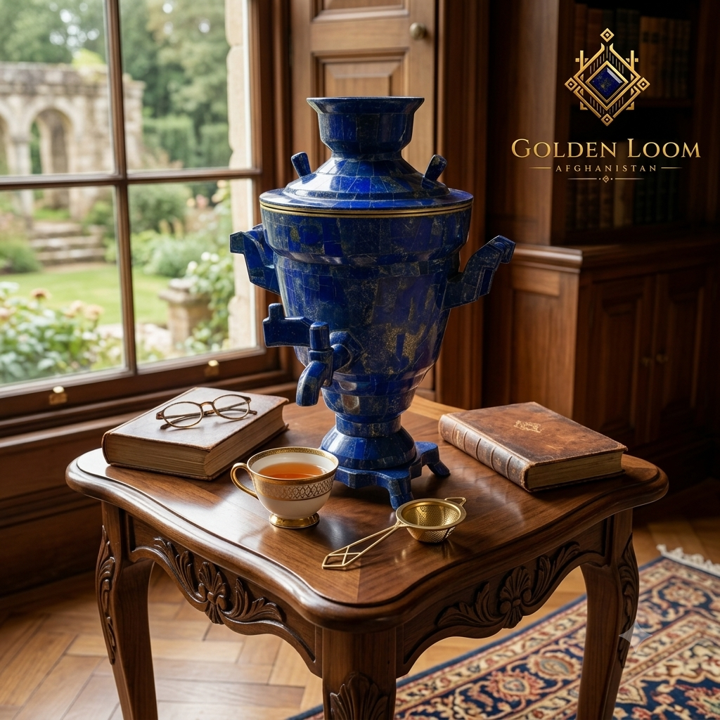 Lapis Lazuli Samovar on antique wooden side table beside books and a gold tea cup in an elegant study — Golden Loom Afghanistan