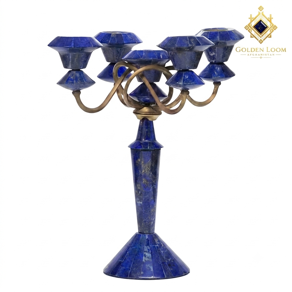 Handcrafted Afghan lapis lazuli five-arm candelabra with interlocking brass frame, angled view on white background — Golden Loom Afghanistan decorative gemstone candle holder