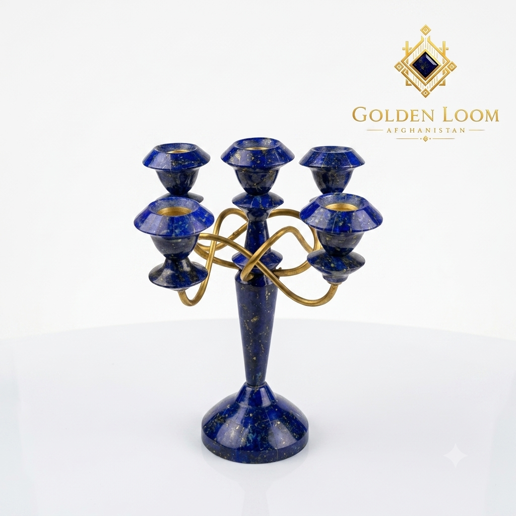 Handcrafted Afghan lapis lazuli five-arm candelabra with interlocking brass frame, angled view on white background — Golden Loom Afghanistan decorative gemstone candle holder