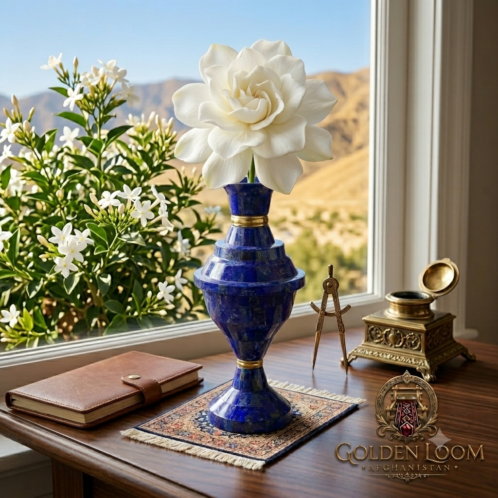 Afghan lapis lazuli vase holding a white gardenia bloom on a desk by a sunlit window overlooking arid mountains and jasmine garden