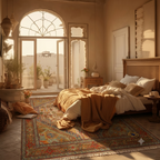 Handwoven Afghan carpet in warm gold and red tones styled in a sunlit bohemian bedroom with arched window and linen bedding