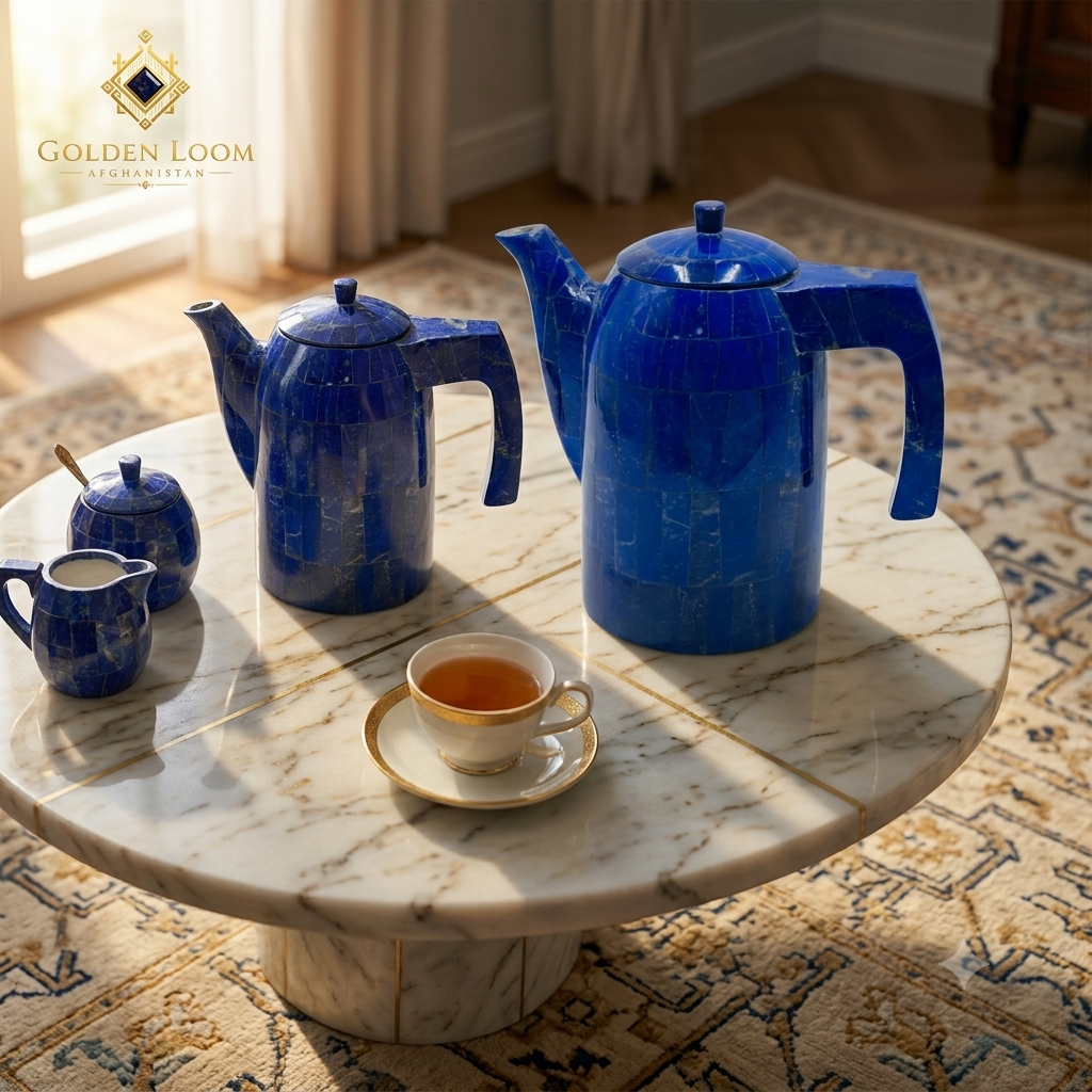 Blue Lapis Lazuli teapots and a cup of tea on a marble table of Golden Loom Afghanistan