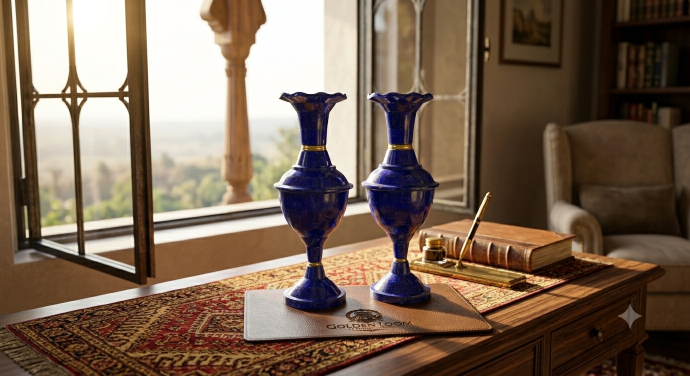 Set of two lapis lazuli convertible vases with brass rings displayed on a carved wooden desk beside an open book and ink pen, warm sunlit library with arched window