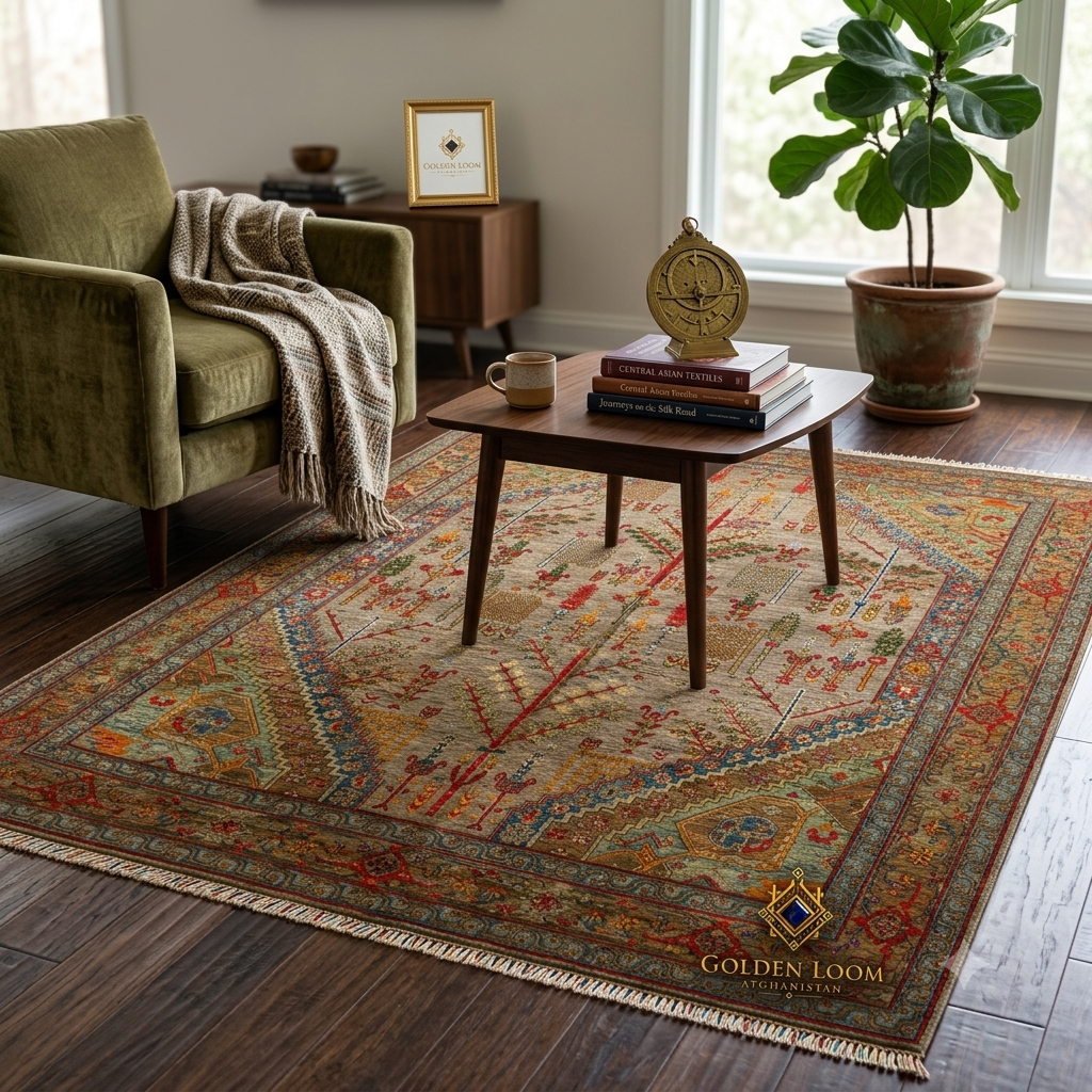 Afghan handwoven rug with tree-of-life and botanical motifs in sage and red, styled in a mid-century reading nook with velvet armchair