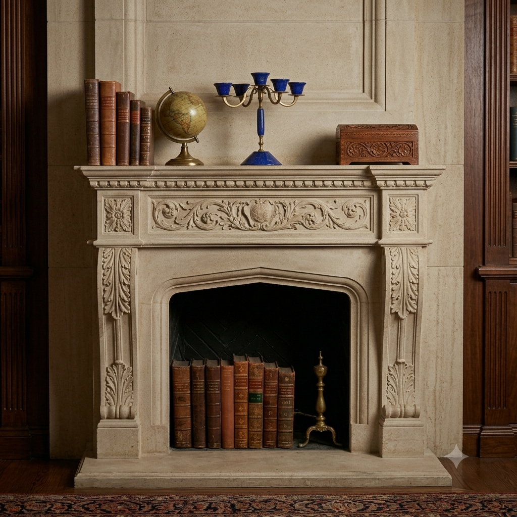 Lapis lazuli and brass candelabra styled on a carved stone fireplace mantel alongside antique books and a vintage globe — Golden Loom Afghanistan