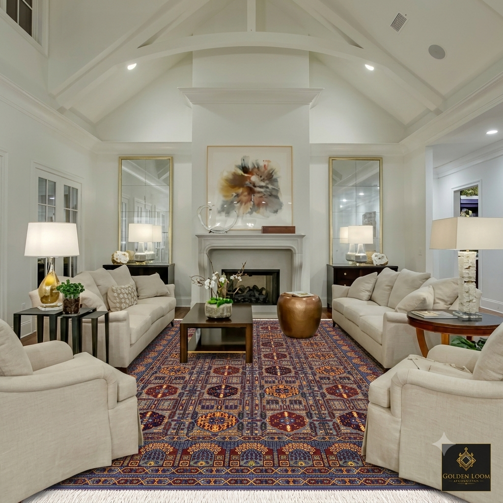 Luxury Afghan carpet with traditional geometric pattern in deep burgundy, navy, and gold displayed in an elegant formal living room with vaulted ceiling and fireplace — Golden Loom Afghanistan