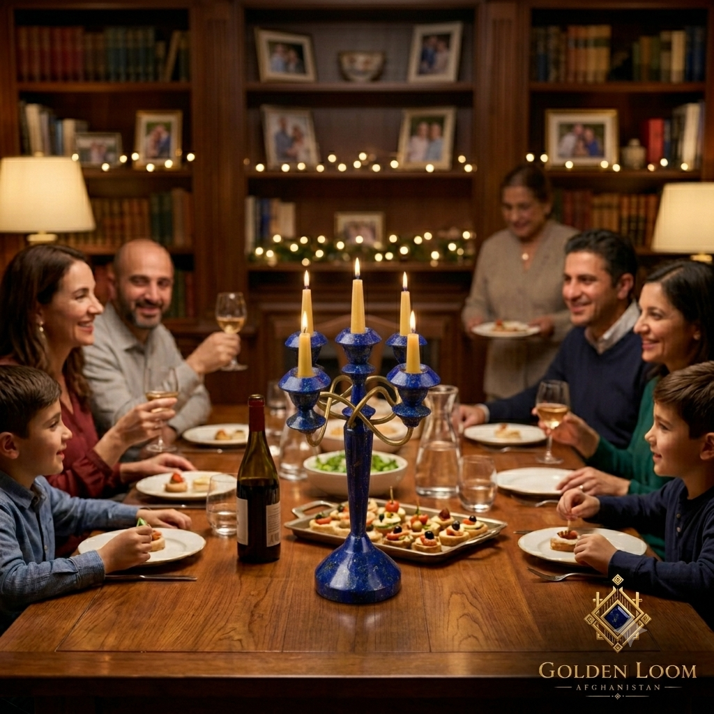 Handmade Afghan lapis lazuli five-arm candelabra as a candlelit centerpiece at a warm family dinner — Golden Loom Afghanistan artisan home décor