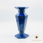 Hand-carved lapis lazuli vase with hexagonal facets and brass core, product shot on white background — Six-Sided Lapis Vase Set by Golden Loom Afghanistan