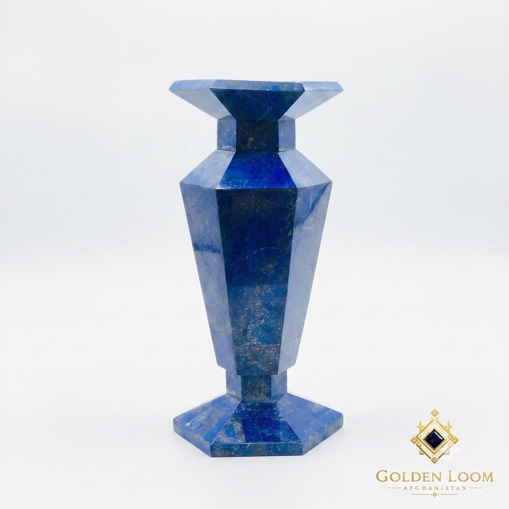 Hand-carved lapis lazuli vase with hexagonal facets and brass core, product shot on white background — Six-Sided Lapis Vase Set by Golden Loom Afghanistan