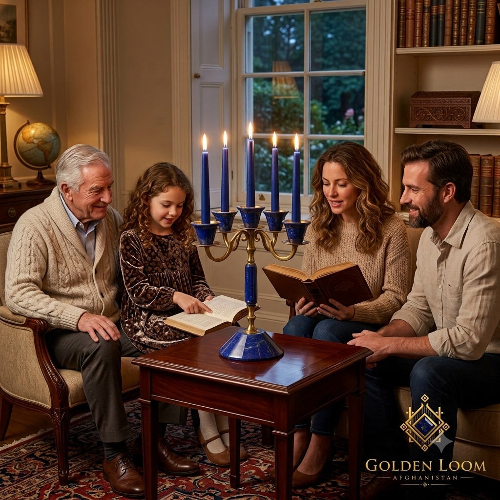 Afghan lapis lazuli and brass 5-arm candelabra with blue candles, displayed on a wooden table during a family gathering in an elegant living room — Golden Loom Afghanistan