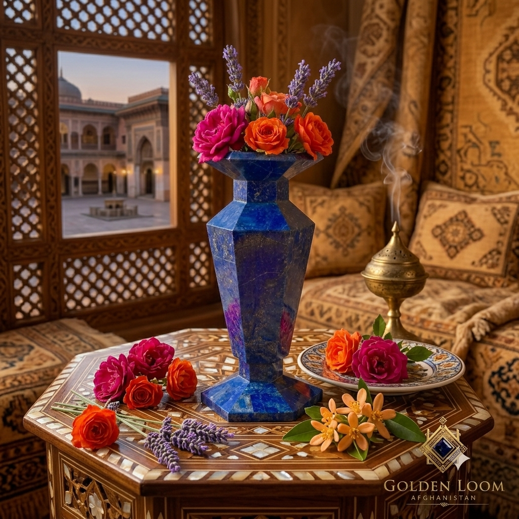 Lapis lazuli vase with white spring flowers on a rustic wooden ledge — handcrafted hexagonal gemstone vase from Badakhshan, Afghanistan