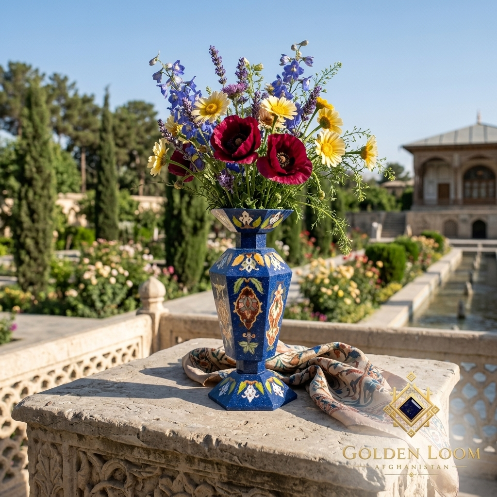Handcrafted Golden Loom Afghanistan lapis lazuli mosaic vase with wildflowers and poppies on a carved stone balustrade in a Persian heritage garden — Afghan artisan gemstone décor
