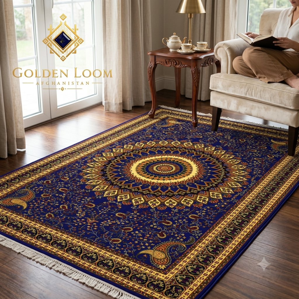 Golden Loom Afghanistan blue and gold handwoven Afghan carpet with central medallion in a cozy reading room with armchair and side table
