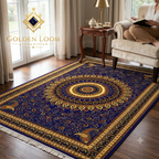 Golden Loom Afghanistan blue and gold handwoven Afghan carpet with central medallion in a cozy reading room with armchair and side table