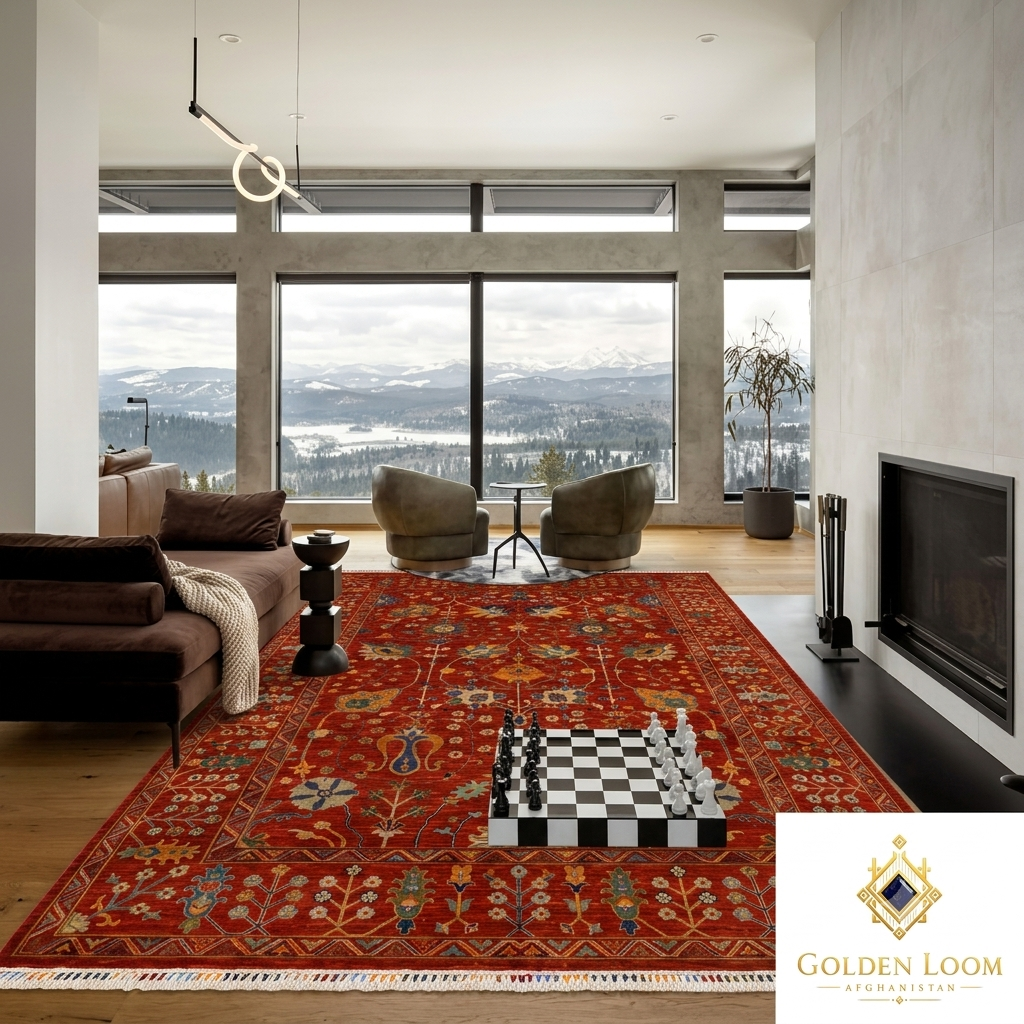 Afghan hand-knotted red Chobi carpet styled in a modern luxury living room with floor-to-ceiling windows, mountain view, and chess set — Golden Loom Afghanistan