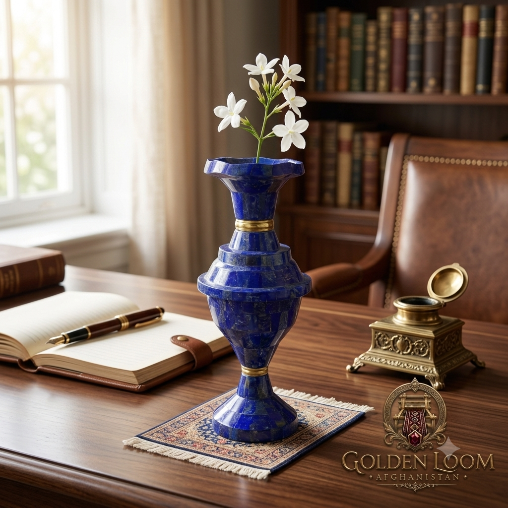 Afghan lapis lazuli vase with white jasmine flowers on a wooden desk beside an open journal and fountain pen, warm library setting
