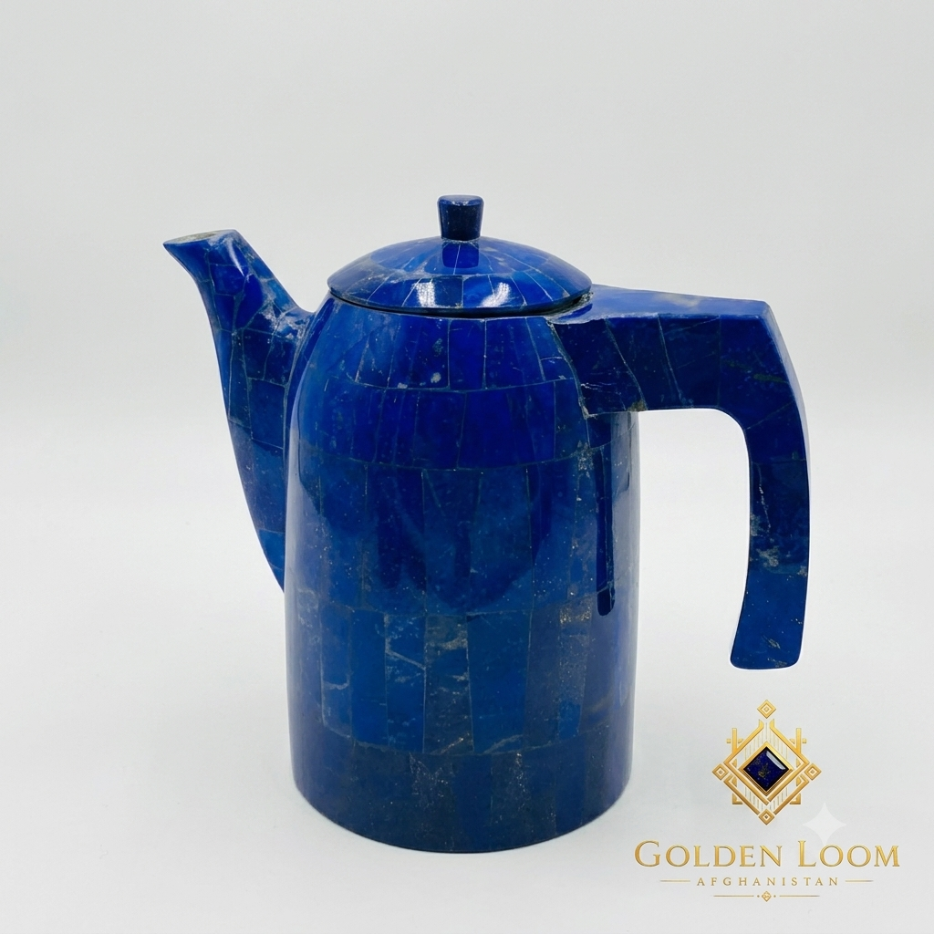 Handcrafted Lapis Lazuli teapot samovar with mosaic gemstone tiles, domed lid and angular handle, photographed on white background — Golden Loom Afghanistan