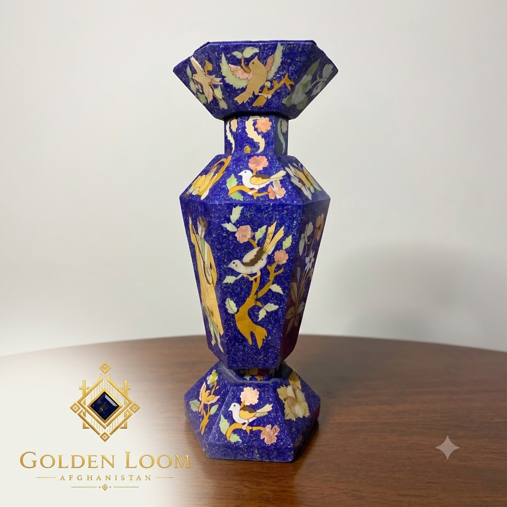 Handcrafted Afghan lapis lazuli mosaic vase with natural stone chip inlay featuring bird and floral motifs, displayed on a wooden surface — Golden Loom Afghanistan luxury decorative art