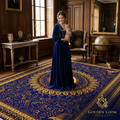 Royal blue Afghan handmade carpet with intricate gold mandala medallion, floral vines, and paisley border with fringe trim