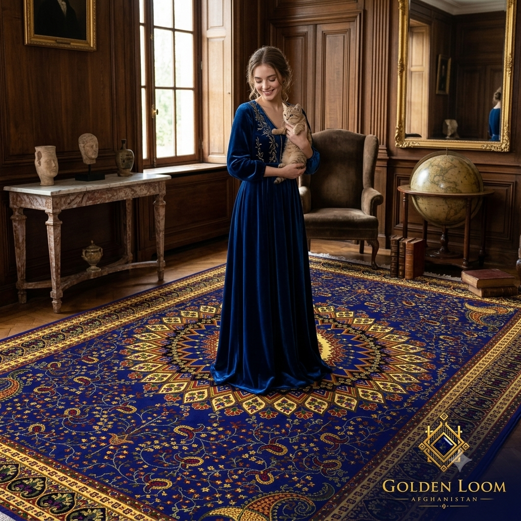 Royal blue Afghan handmade carpet with intricate gold mandala medallion, floral vines, and paisley border with fringe trim
