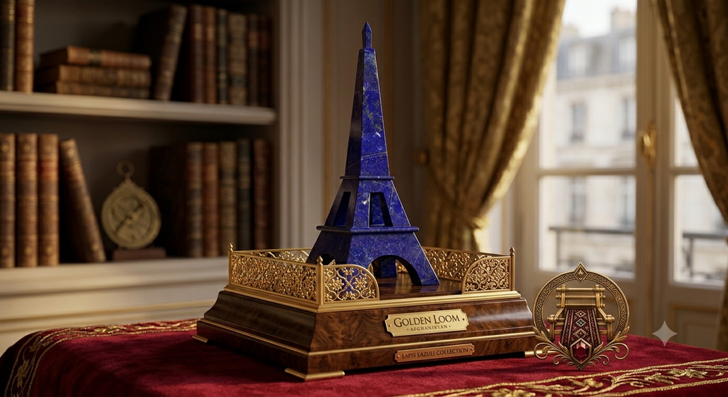Royal Lapis Lazuli Eiffel Tower on ornate gold display stand – Golden Loom Afghanistan Lapis Lazuli Collection