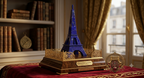 Royal Lapis Lazuli Eiffel Tower on ornate gold display stand – Golden Loom Afghanistan Lapis Lazuli Collection