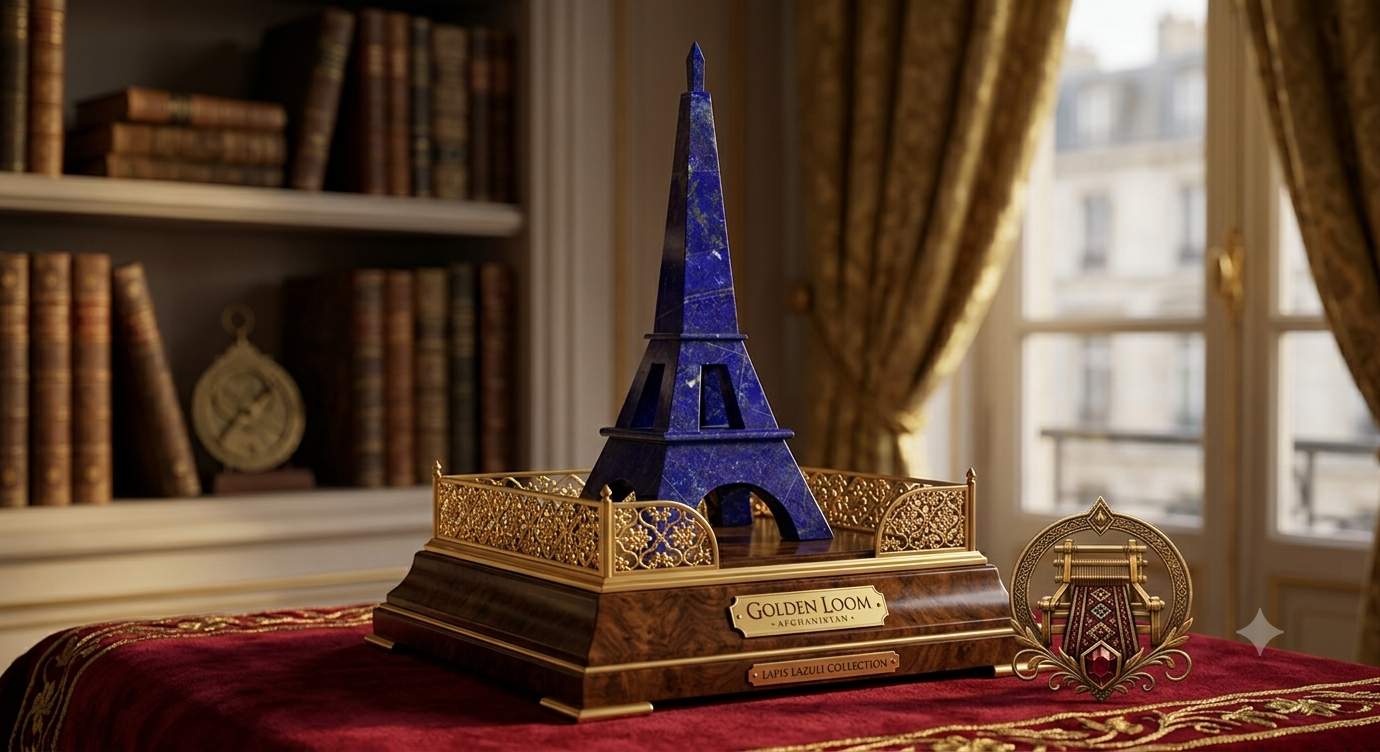 Royal Lapis Lazuli Eiffel Tower on ornate gold display stand – Golden Loom Afghanistan Lapis Lazuli Collection