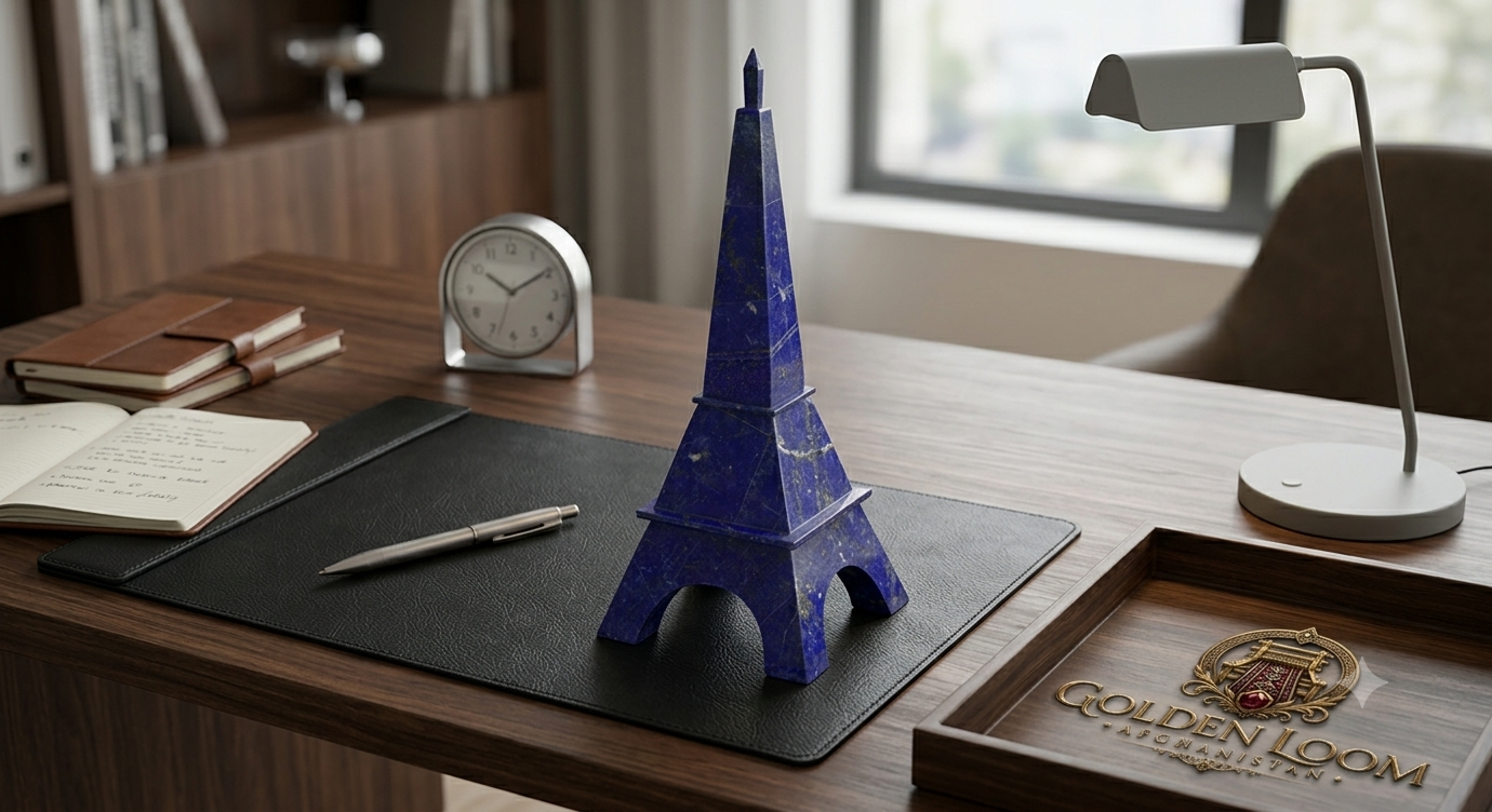 Handmade Afghan Lapis Lazuli Eiffel Tower on a modern desk with Golden Loom Afghanistan branding