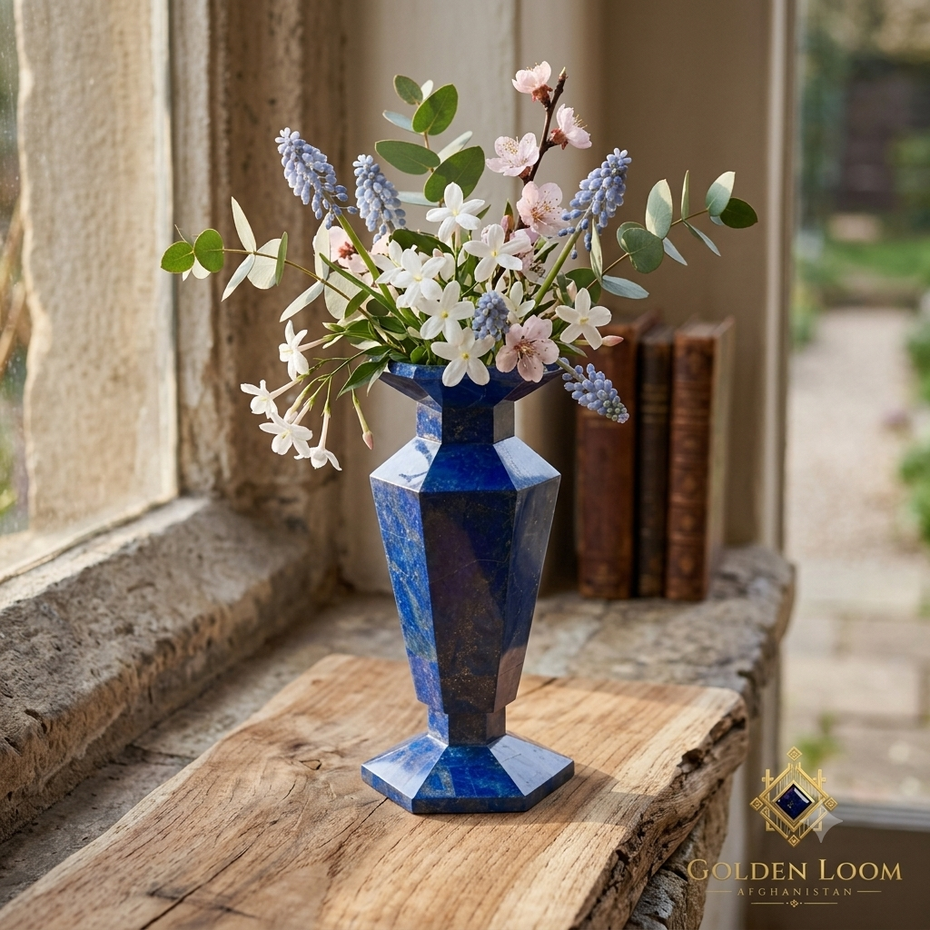 Lapis lazuli vase holding spring blossoms on a rustic stone window sill — Six-Sided Lapis Vase Set, handcrafted from genuine Badakhshan lapis lazuli