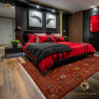 Afghan handwoven red carpet in a modern dark luxury bedroom with black furniture, red silk bedding, and pendant lighting — Golden Loom Afghanistan