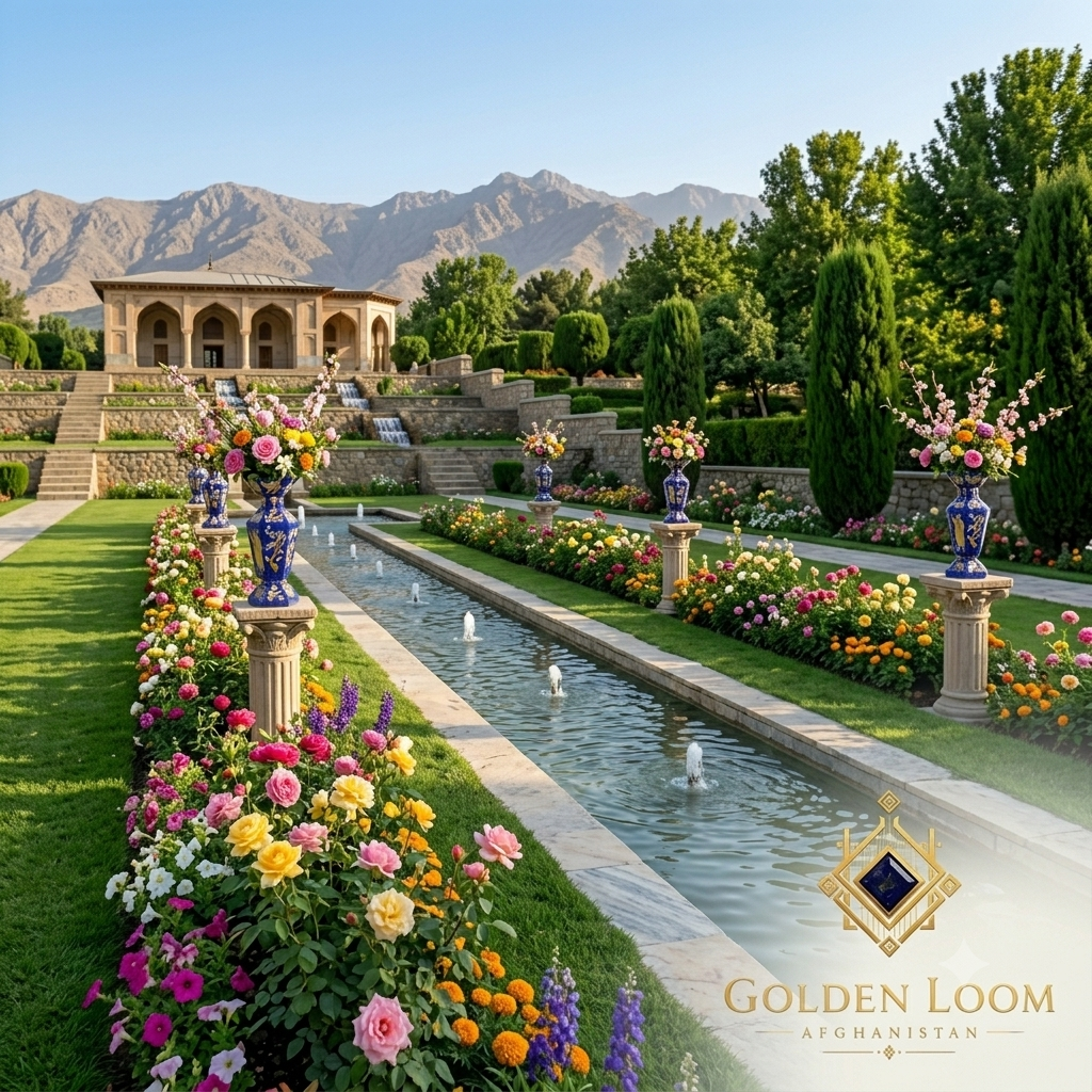 Row of Golden Loom Afghanistan lapis lazuli mosaic vases with floral arrangements lining a Persian garden fountain avenue — handmade Afghan gemstone décor for luxury outdoor settings