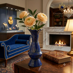 Hand-carved lapis lazuli vase with cream ranunculus on a mahogany side table beside antique books and a lit fireplace — Golden Loom Afghanistan