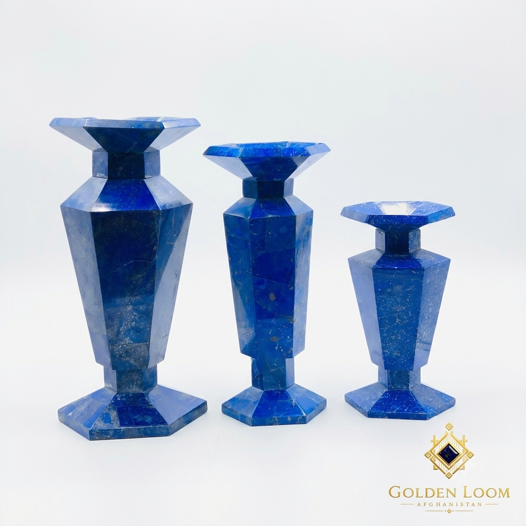 Set of 3 hand-carved lapis lazuli vases in graduated heights (25 cm, 31 cm, 37 cm) on white background — Six-Sided Lapis Vase Set by Golden Loom Afghanistan