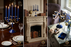 Three lifestyle scenes featuring Afghan lapis lazuli candelabra: formal dining table, stone fireplace mantel, and bedroom side table — Golden Loom Afghanistan