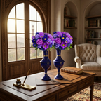 Pair of Afghan lapis lazuli vases filled with purple and blue flowers as a centerpiece on a wooden coffee table in a warm family living room with arched windows