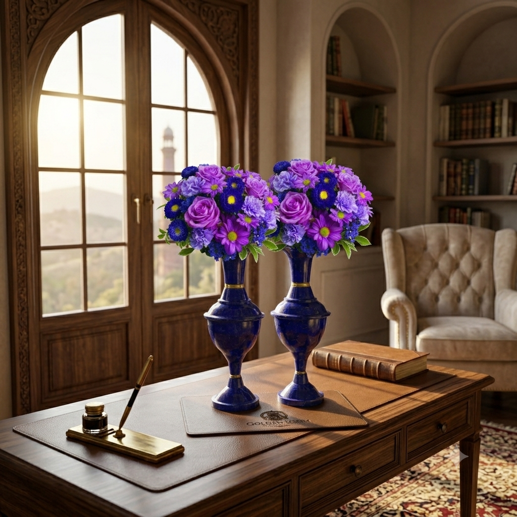 Pair of Afghan lapis lazuli vases filled with purple and blue flowers as a centerpiece on a wooden coffee table in a warm family living room with arched windows