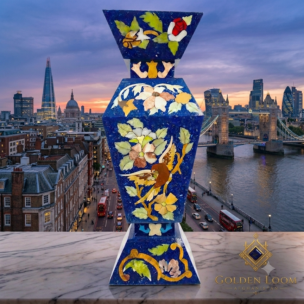 Afghan lapis lazuli painted vase with floral bird motifs on a marble ledge with Tower Bridge, the Shard, and the London skyline at sunset in the background — Golden Loom Afghanistan