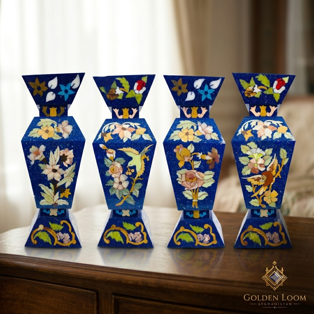 Set of four hand-painted Afghan lapis lazuli vases with floral and bird stone inlay motifs in blue, green, yellow and white, displayed on a wooden sideboard in a warm home interior — Golden Loom Afghanistan