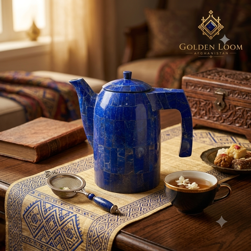 Lapis Lazuli samovar on an Afghan kilim table runner beside a silver tea strainer, floral tea cup, and traditional sweets in warm golden light — Golden Loom Afghanistan