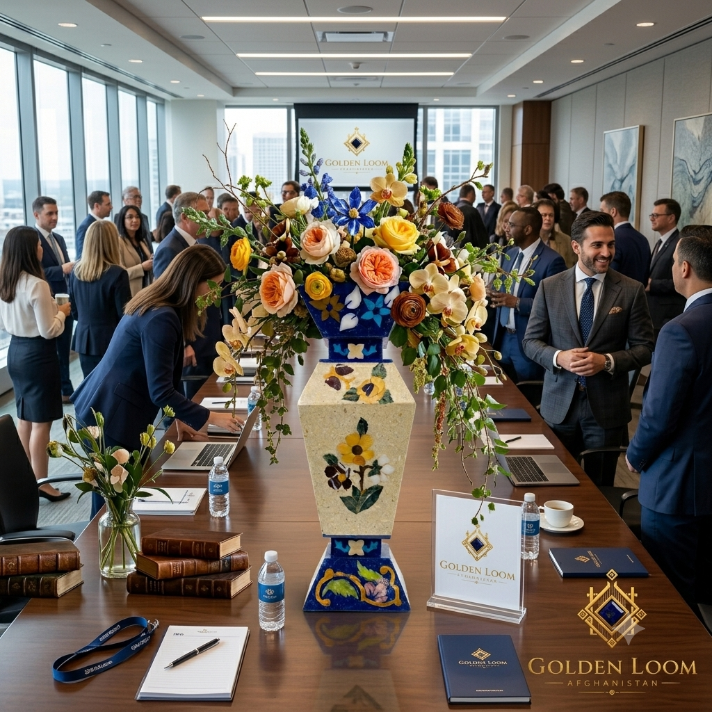 Golden Loom Afghanistan mosaic vase as a floral centerpiece at a corporate event — handmade Afghan lapis lazuli decorative vase for premium interior spaces