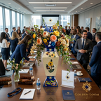Golden Loom Afghanistan mosaic vase as a floral centerpiece at a corporate event — handmade Afghan lapis lazuli decorative vase for premium interior spaces