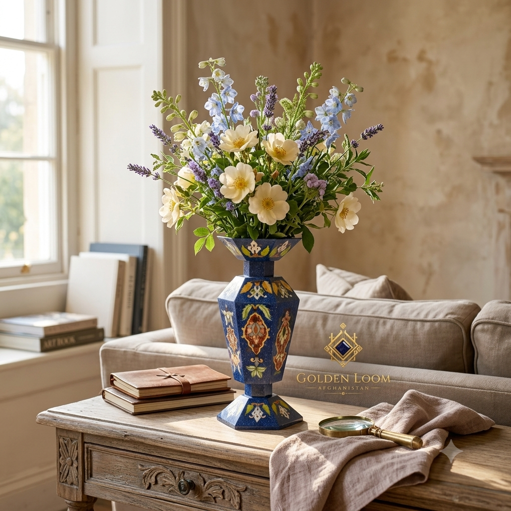 Close-up of a handcrafted Golden Loom Afghanistan lapis lazuli mosaic vase with wildflower arrangement on a carved wooden coffee table in a warm English country interior