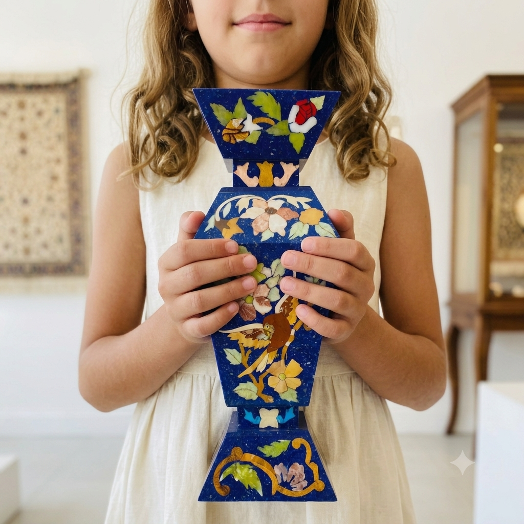 Young girl holding a hand-painted Afghan lapis lazuli vase with colorful floral and bird inlay, showing the compact size of the piece, bright home interior with Afghan carpet on the wall in the background — Golden Loom Afghanistan