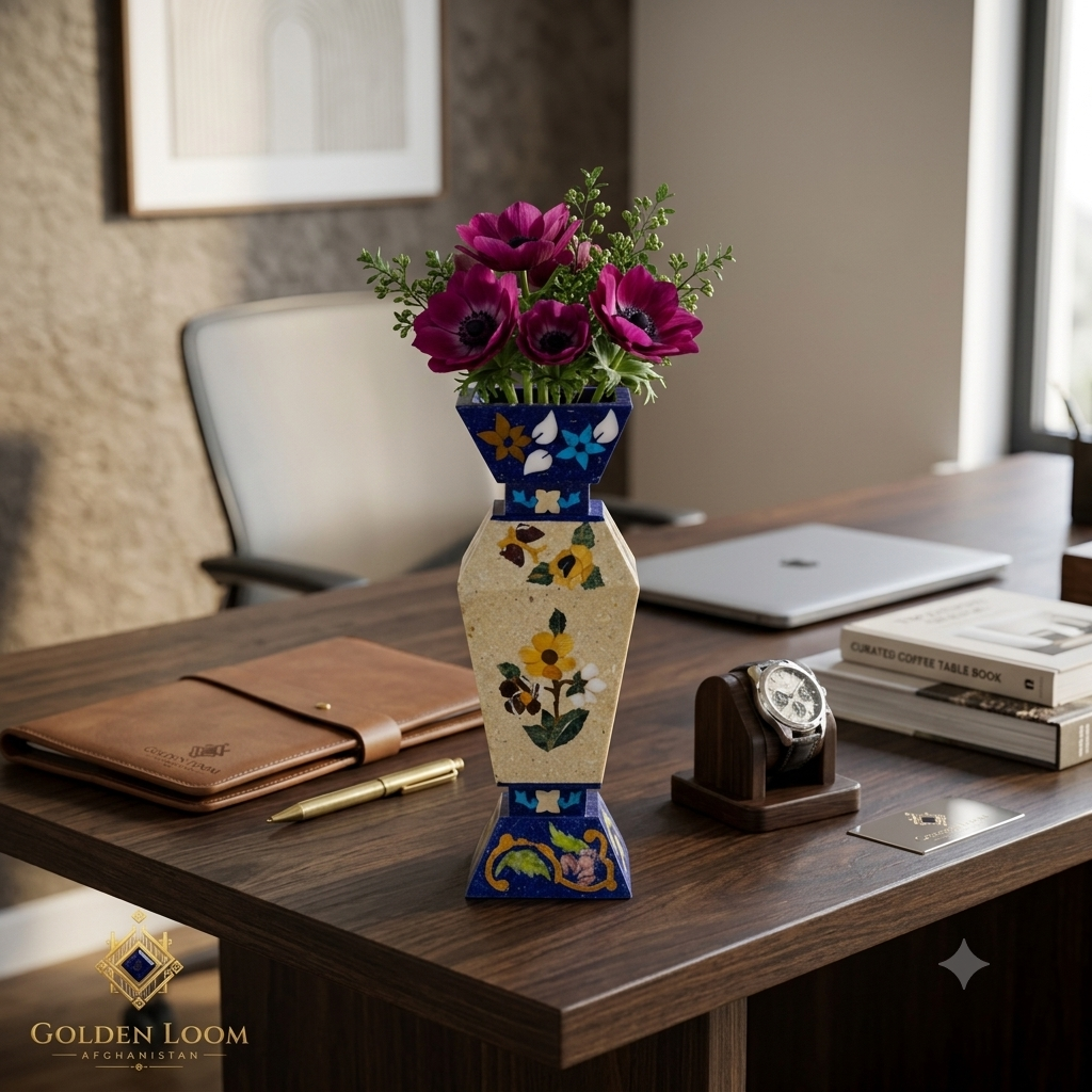 Golden Loom Afghanistan lapis lazuli mosaic vase displayed on a wooden desk with flowers, leather notebook and watch — luxury Afghan handmade home décor