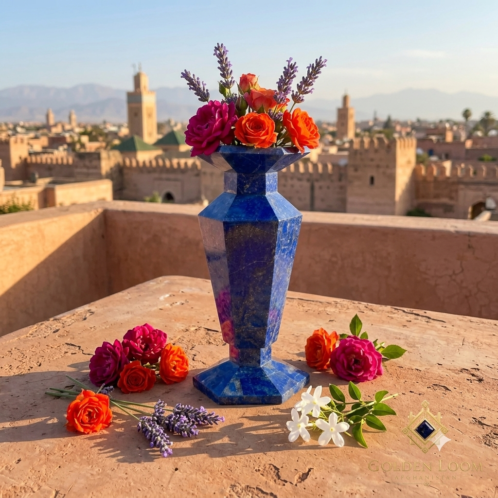 Six-Sided Lapis Lazuli Vase Set with roses and lavender on a Moroccan rooftop terrace — handmade gemstone décor from Badakhshan, Afghanistan