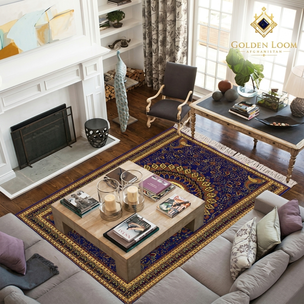 Overhead view of a Golden Loom Afghanistan blue and gold Afghan carpet centered in a classic white living room with fireplace