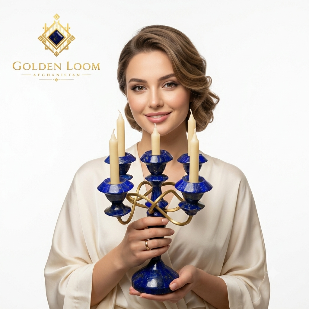Woman holding a handcrafted Golden Loom Afghanistan lapis lazuli five-arm candelabra with ivory candles — Afghan gemstone décor piece shown in hand for scale, white background