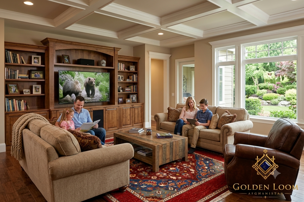 Chobi Kashan Afghan carpet styled in a warm family living room with wooden furniture and natural light — Golden Loom Afghanistan