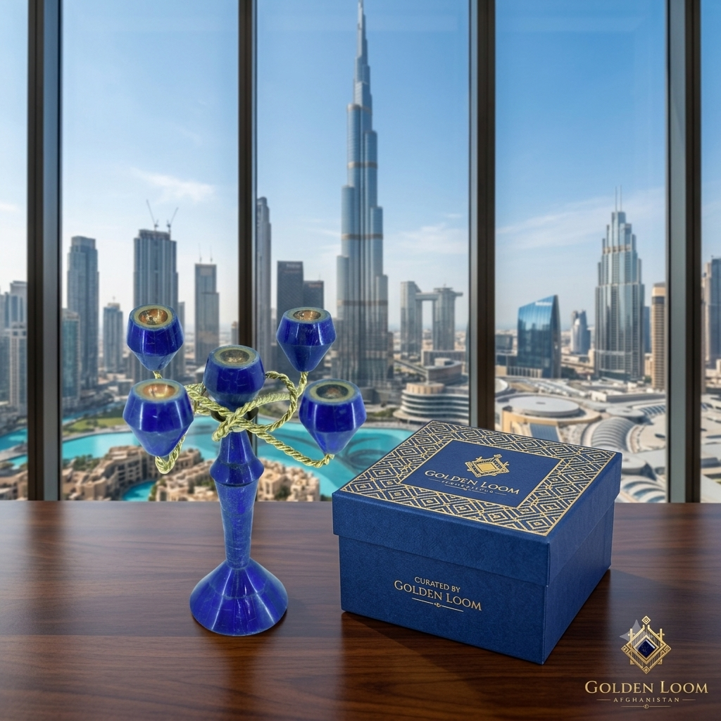Blue decorative item and box with 'Golden Loom' branding in front of a cityscape view.