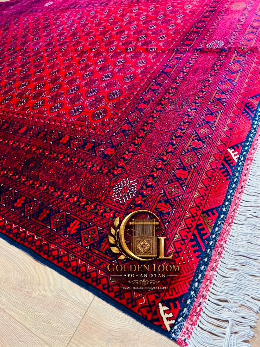 Corner detail of a hand-knotted Afghan Bokhara rug showing dense crimson wool pile, navy geometric border, and hand-tied ivory fringe — Golden Loom Afghanistan
